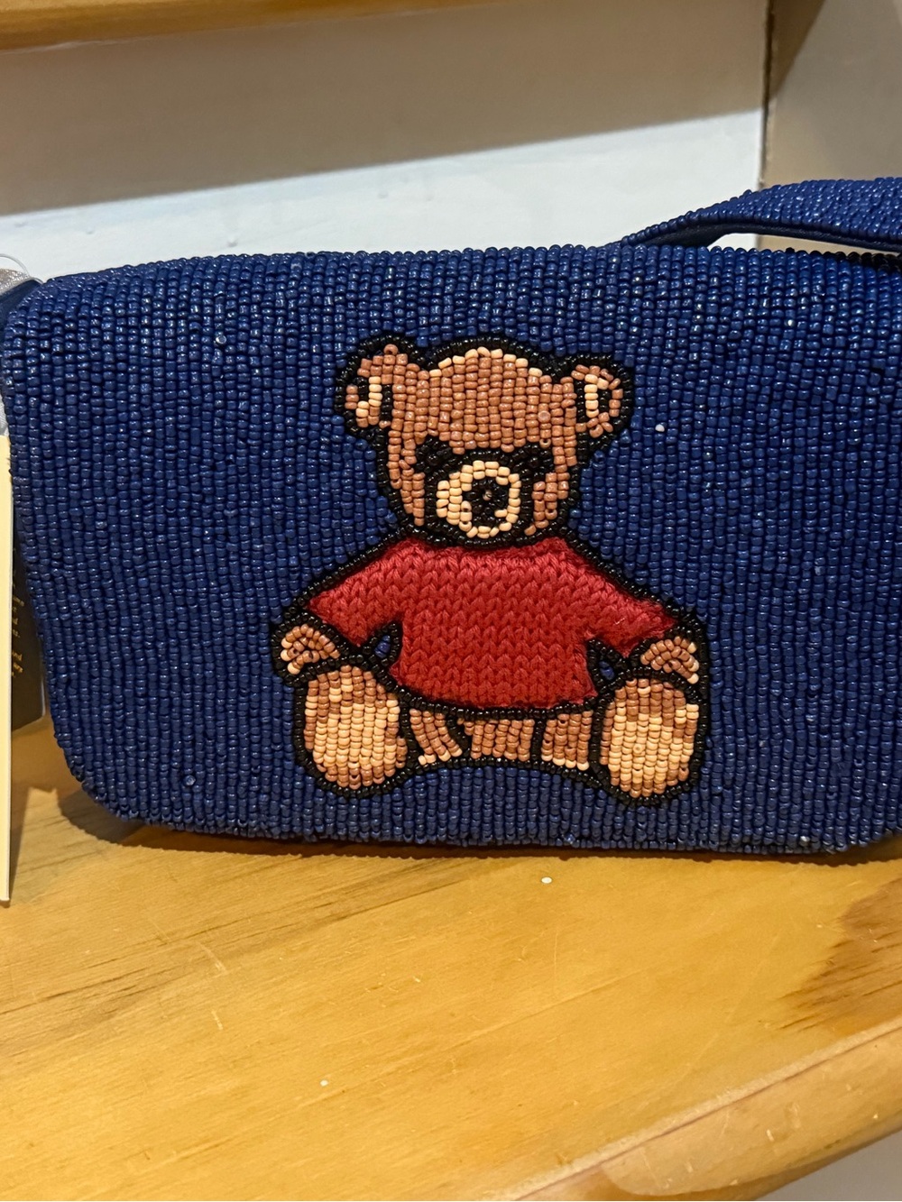 MADE IN INDIA beaded navy teddy bear flap shoulder bag